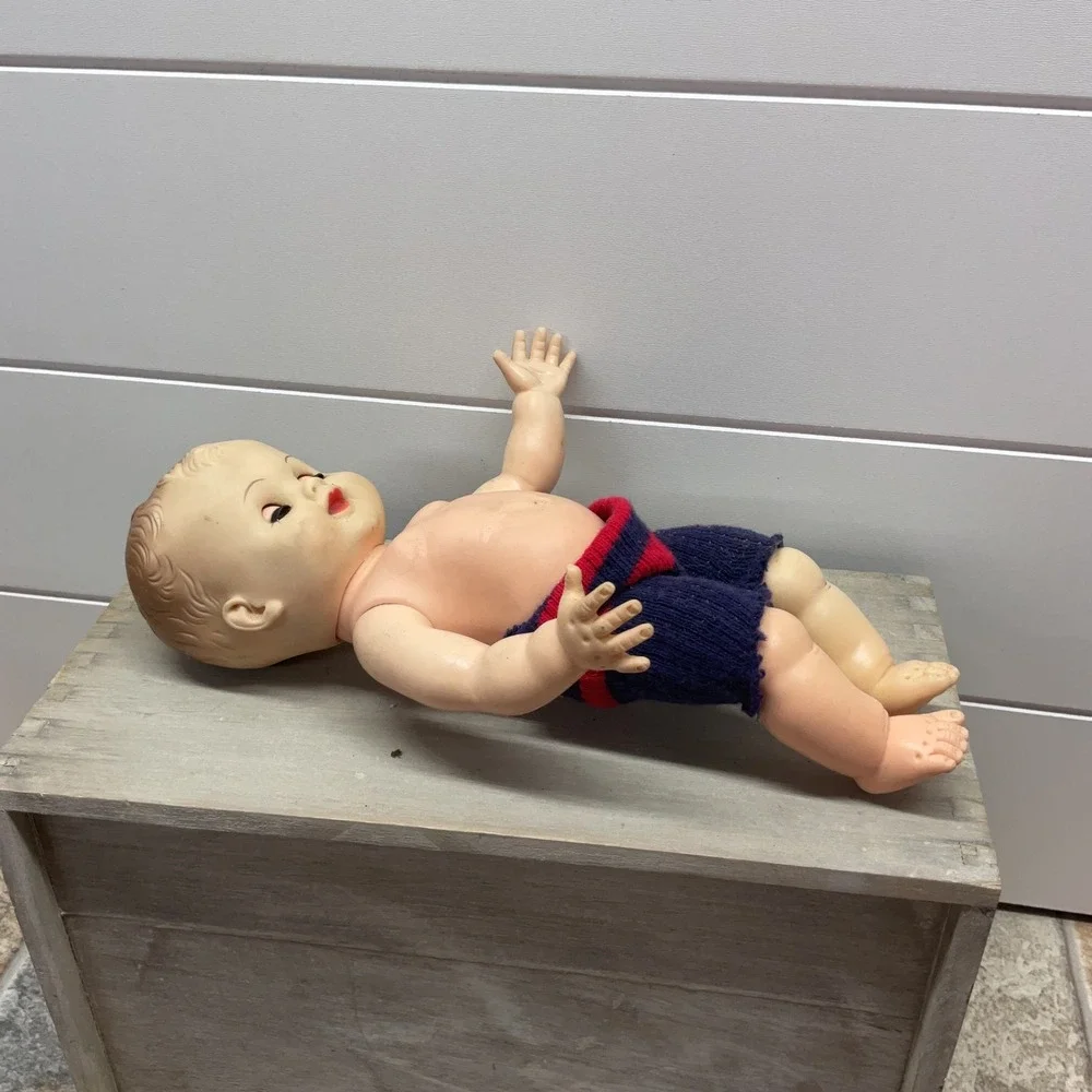 Vintage 10 Inch Baby Boy Doll Molded Hair Sleep Eyes Knit Shorts 1950s 1960s